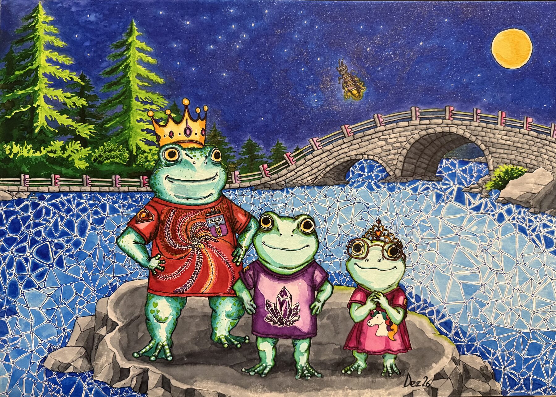 A painted night scene: Clint as a tall crowned frog king wearing a Parker badge, standing on a rock beside the water with the little ones, all gazing up at Dez — a glowing firefly flying in from across the ocean, sharing her golden light beneath the moon, with pines and a stone bridge behind them.
