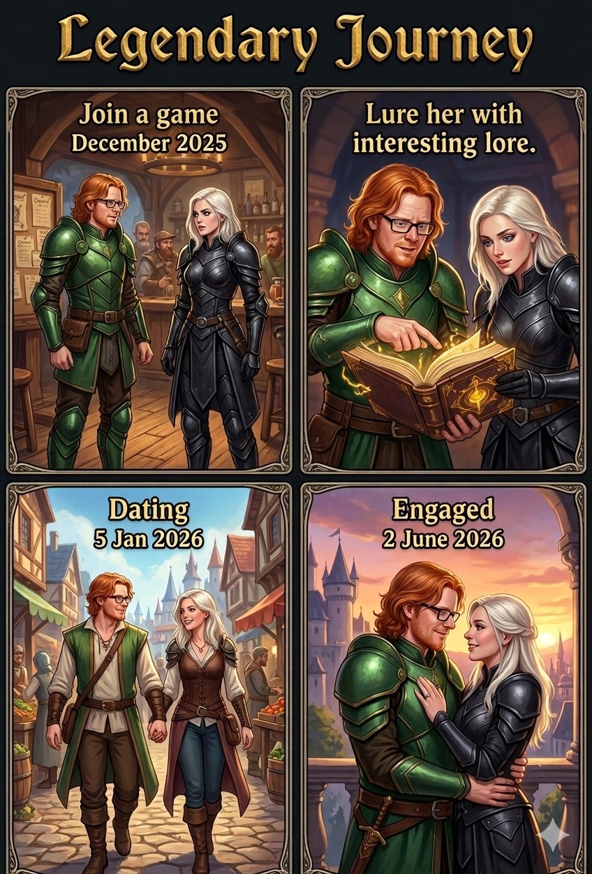 The Legendary Journey — a four-panel fantasy comic: joining a game in December 2025, luring her with interesting lore, dating from 5 January 2026, and engaged on 2 June 2026, drawn as a knight in green armor and a warrior in black armor.